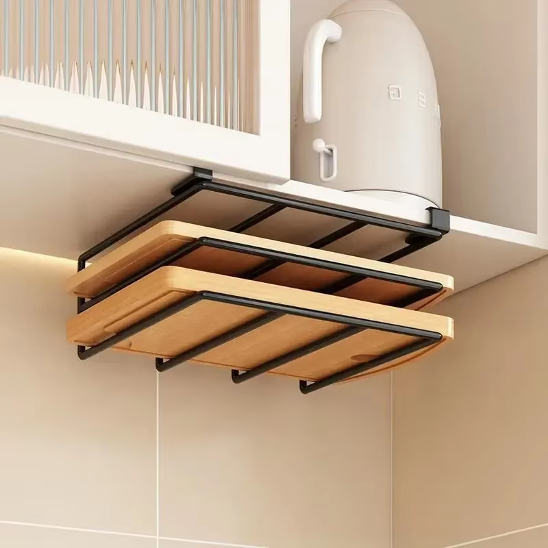 Kitchen Hanging Organizer Rack with Hooks Under Cupboard Paper Towel Rags Hanger Cutting Board Pot Cover Holder Storage Shelf