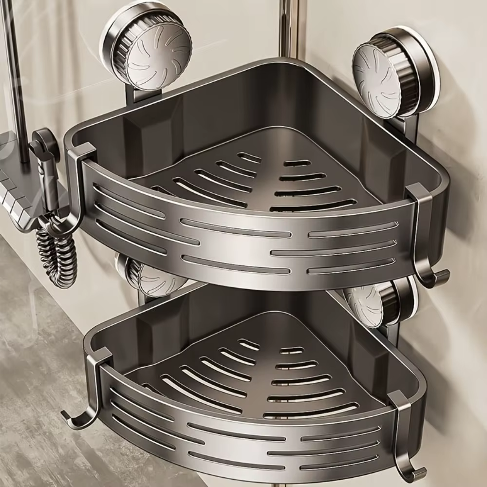 Triangular Space-Saving Suction Cup Bathroom Storage Shelf No Drilling Required Multifunctional Storage Organizer with Hooks
