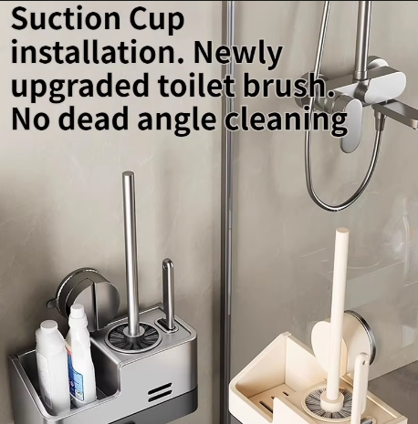 Wall-Mounted Bathroom Storage Rack With Suction Cup Toilet Brush No Drilling Required - New Toilet Brush For Spotless Cleaning